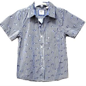 RJ&C Navy White Stripes Shark Cotton Button Up Shirt Size 14 Yrs
